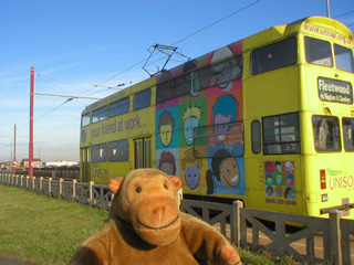 Mr Monkey with a Blackpool tram at the Norbreck tramstop