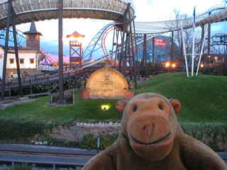 Mr Monkey looking at the arms of Blackpool