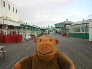 Mr Monkey looking towards Blackpool from the end of the pier